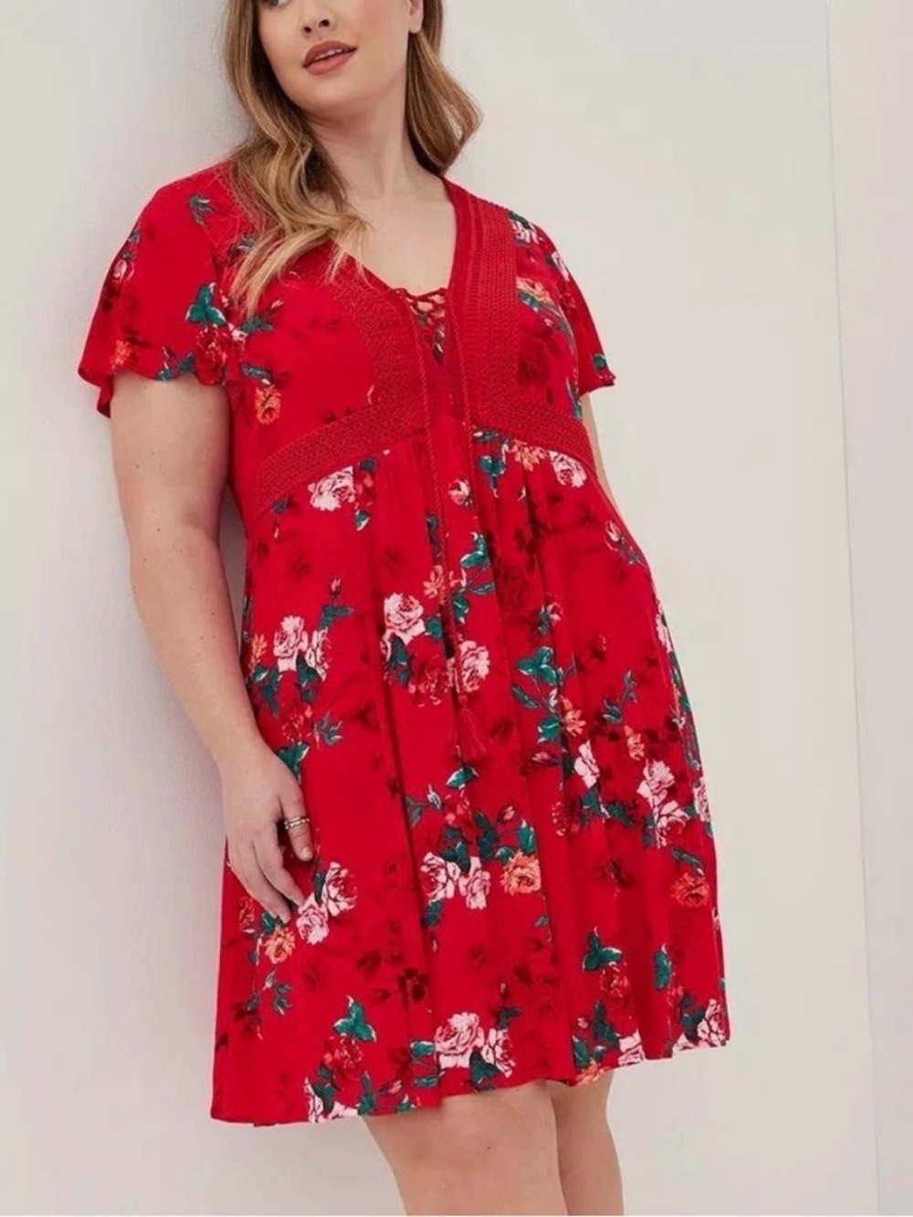 torrid Red Floral Lace-Trim Tie-Front Dress Sz 12